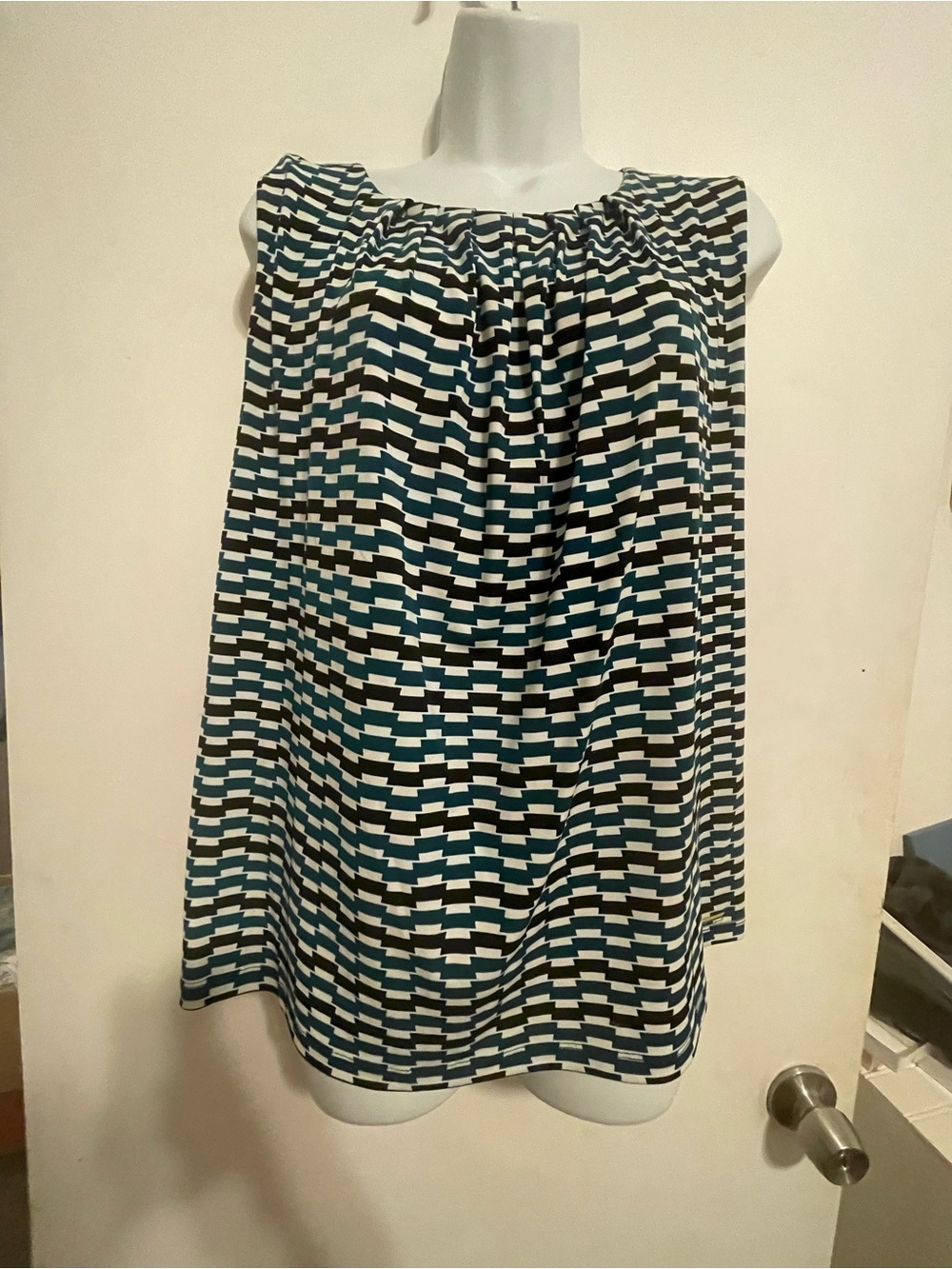 Calvin Klein Teal, Black & White Geometric A-Line Top